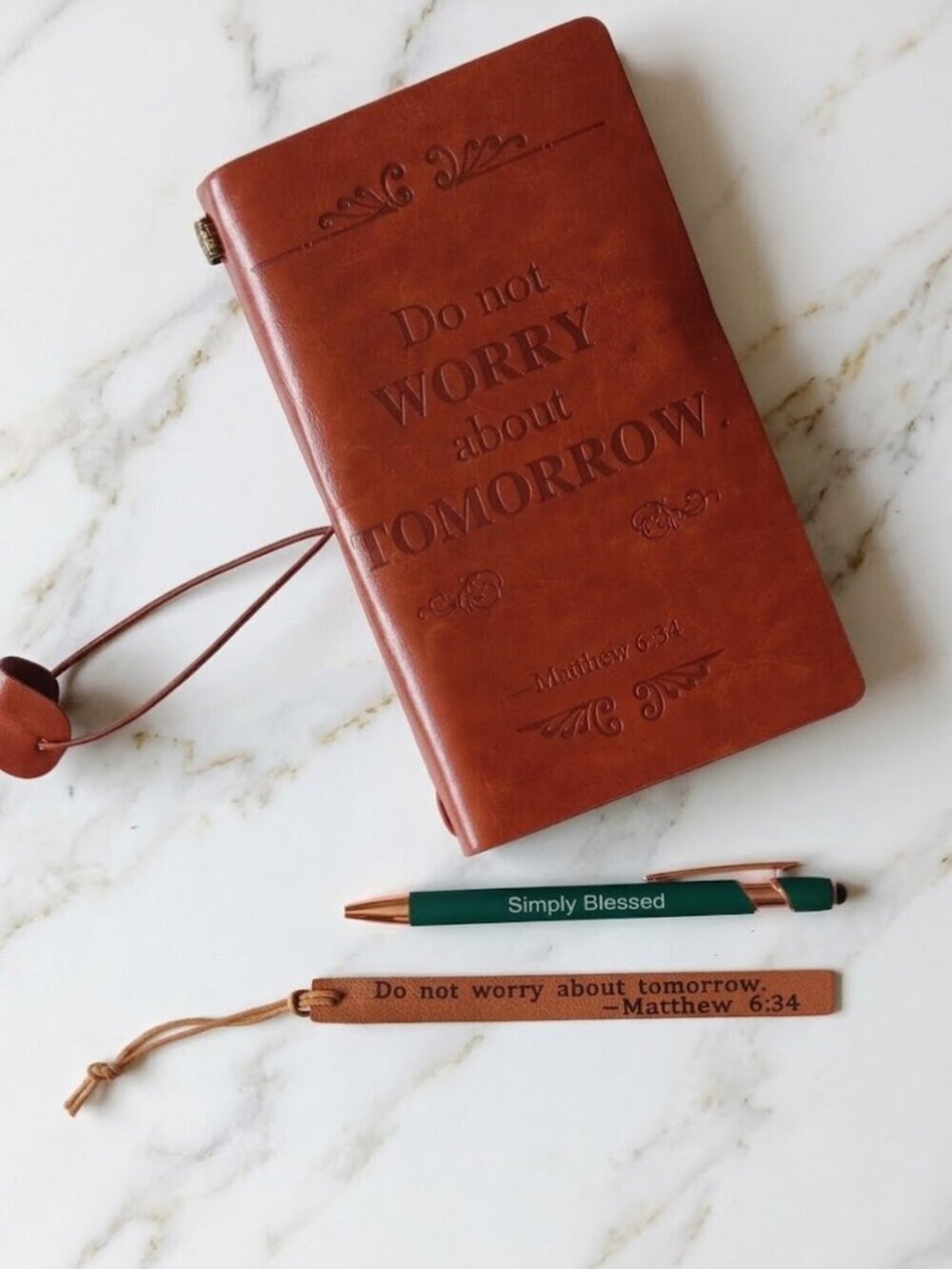 Embossed Leather Journal with Pen Bookmark - Matthew 6:34 - Picture 2 of 4